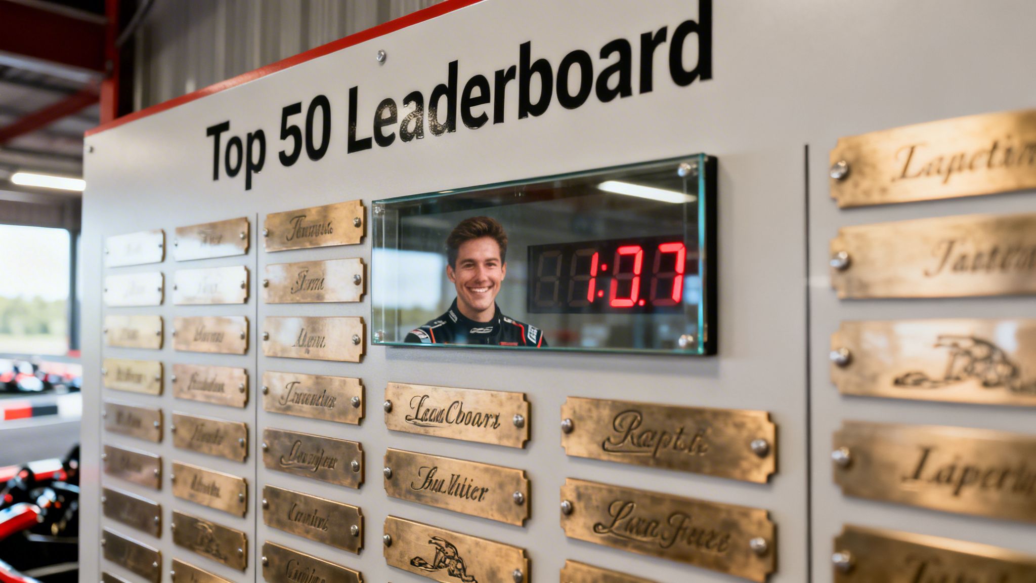 A go-karting leaderboard displaying a smiling driver, a digital timer, and multiple brass name plaques.