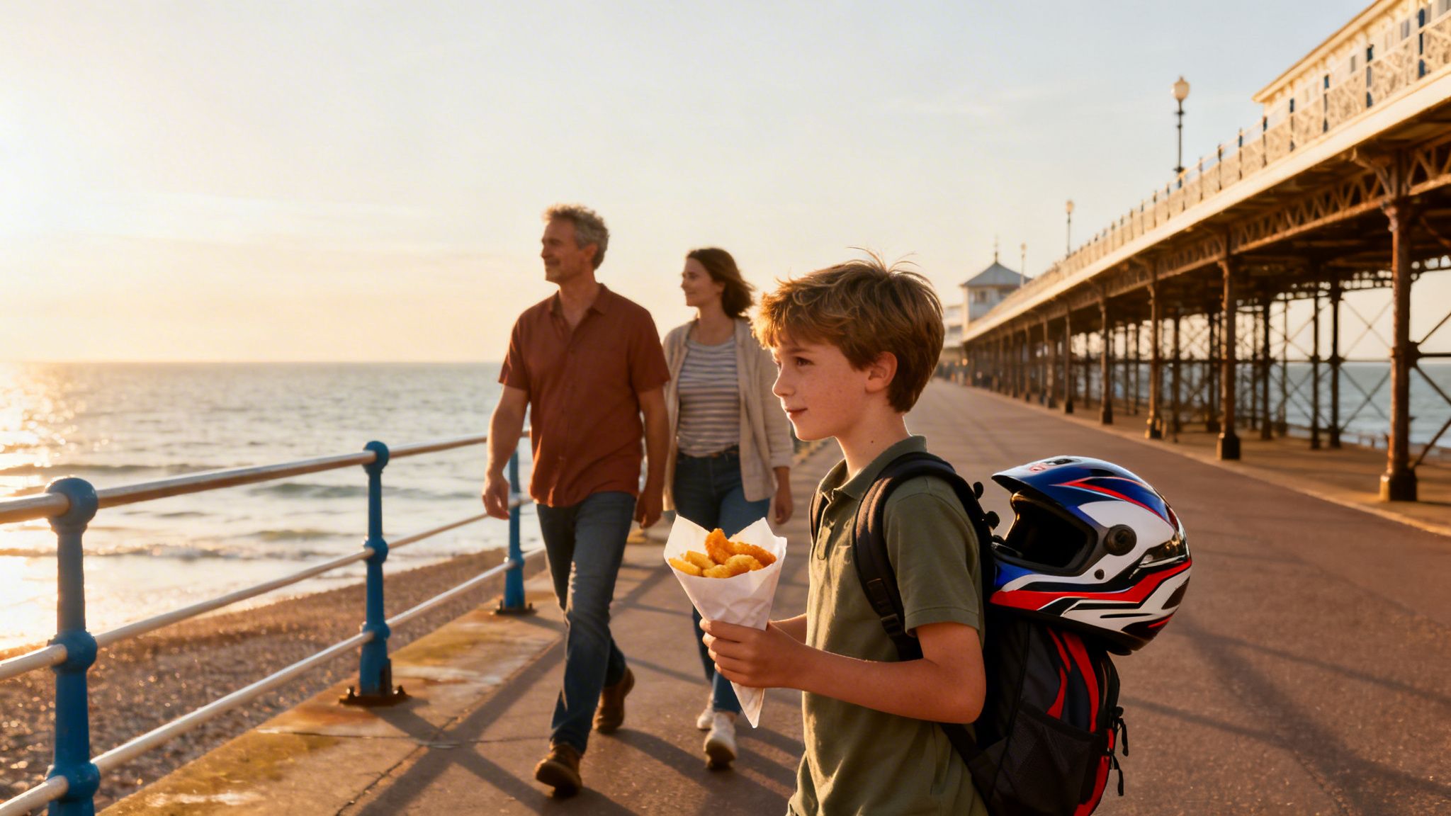 Boy eating fish and chips while walking with parents on a sunny pier at sunset.