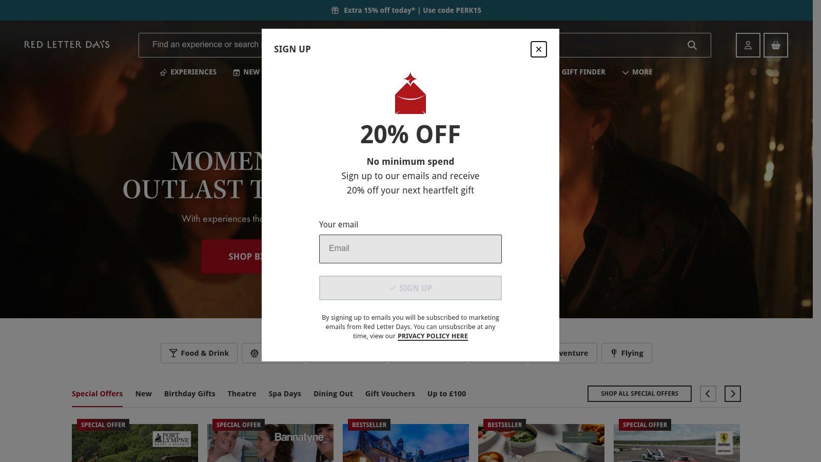 Red Letter Days website signup popup, showing a variety of experience gifts