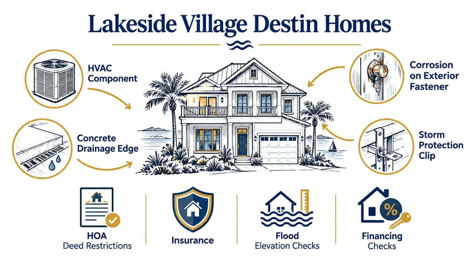 An infographic detailing home inspection and maintenance considerations for Lakeside Village Destin homes, including structural and financial aspects.