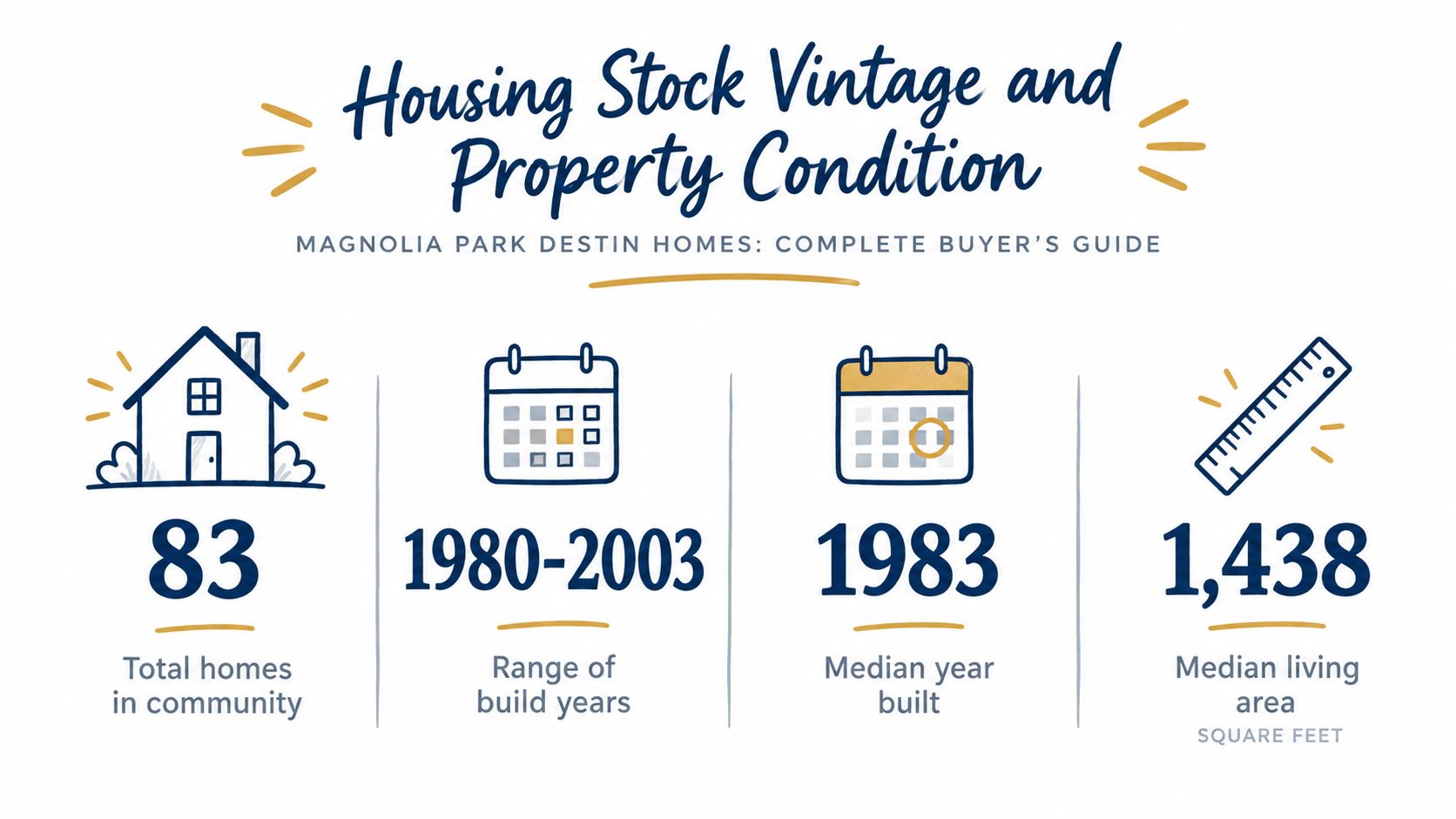 An infographic showing housing statistics for Magnolia Park in Destin, including build years and square footage.