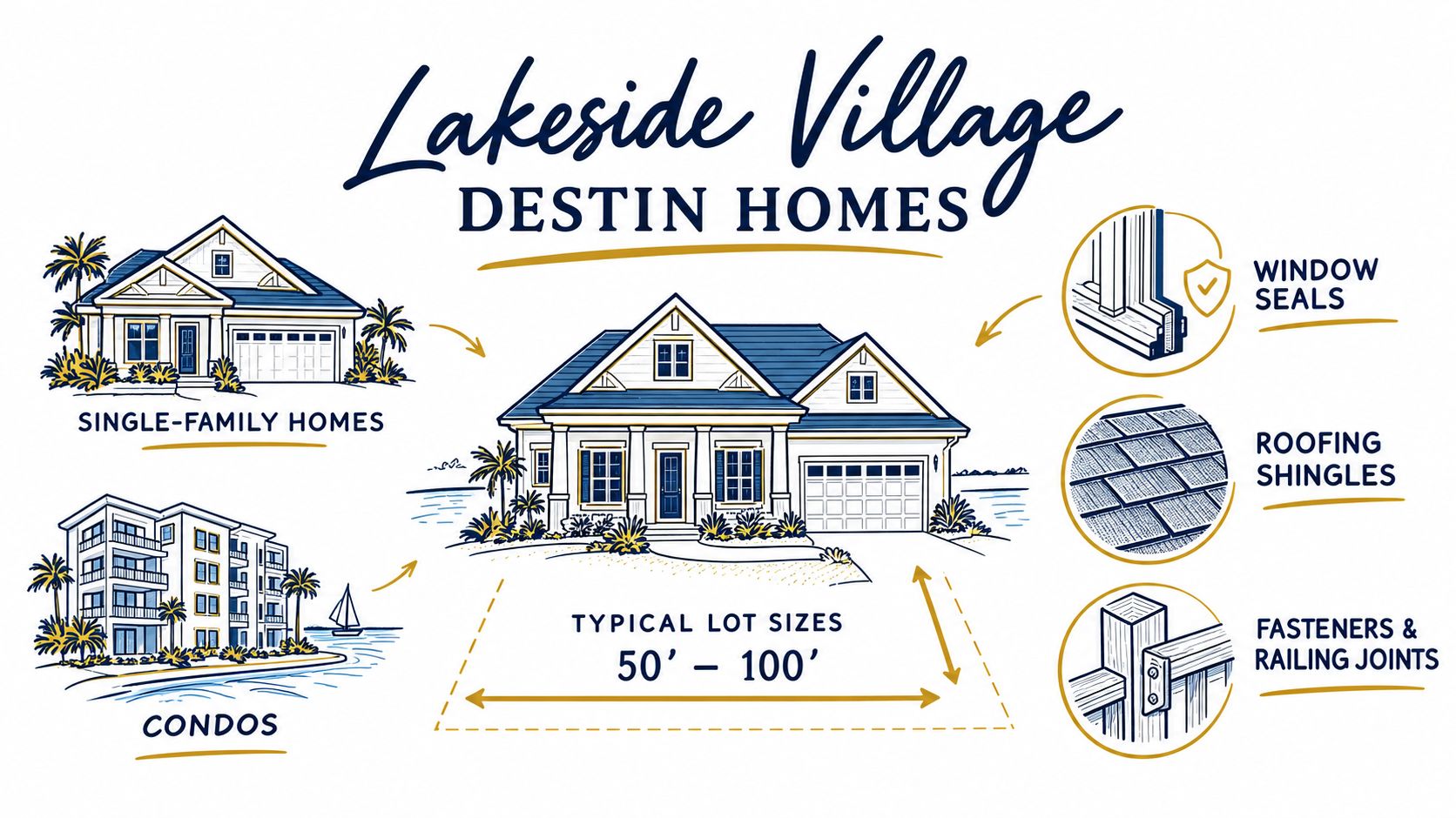A marketing illustration for Lakeside Village Destin Homes showing single-family houses, condos, and construction feature details.