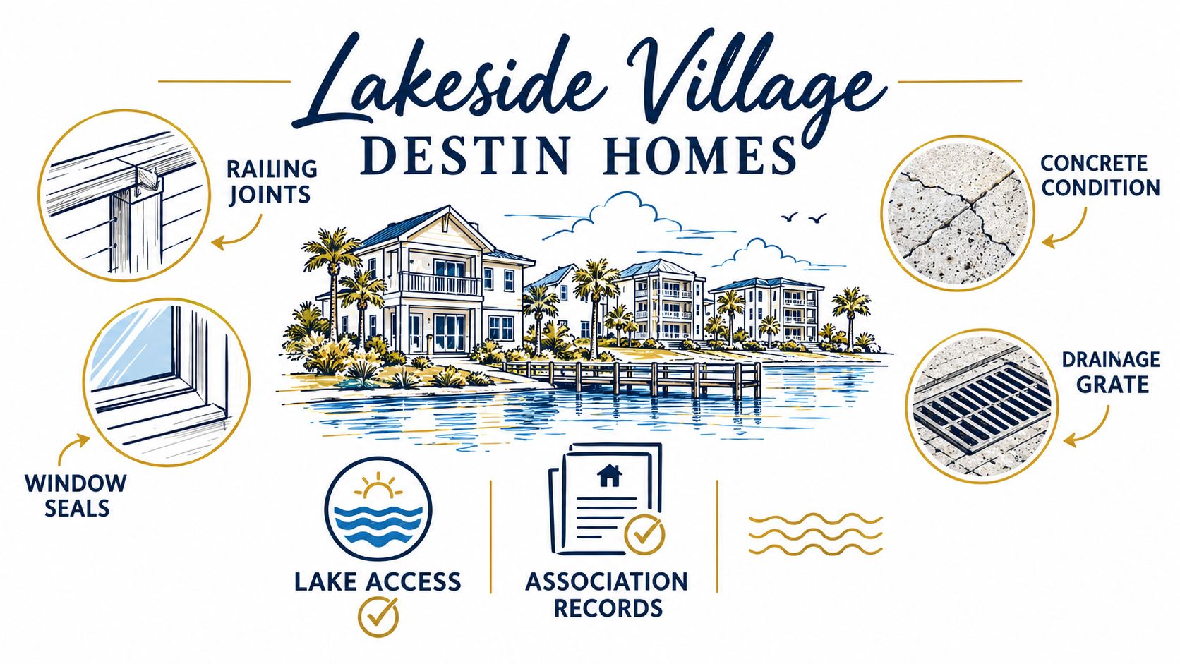 An infographic illustration highlighting property maintenance areas for Lakeside Village Destin Homes, including exterior details and amenities.