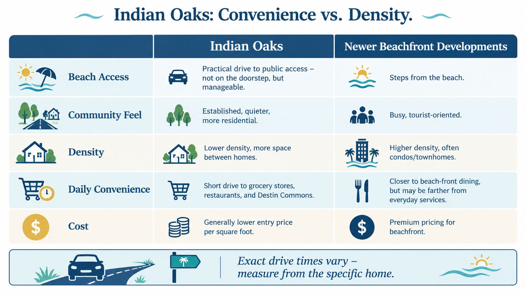 A comparison chart showing the differences between living in Indian Oaks versus newer beachfront developments in Destin.