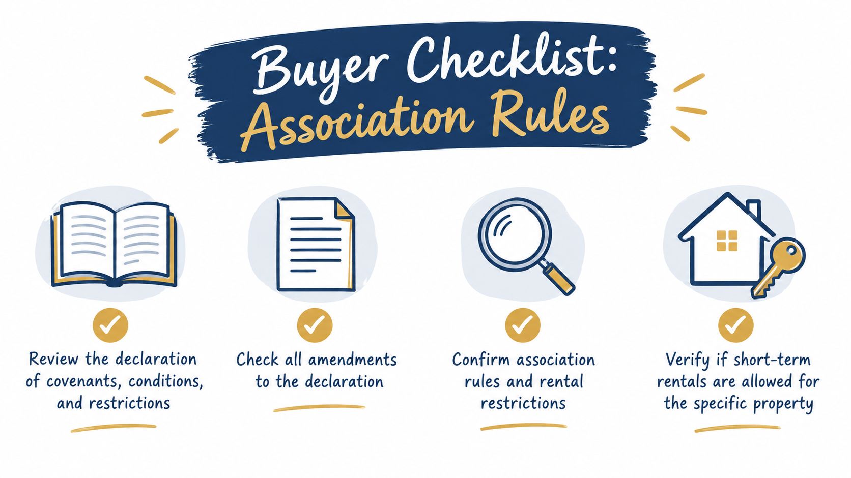 A buyer checklist for association rules, including reviewing declarations, amendments, and short-term rental restrictions for properties.