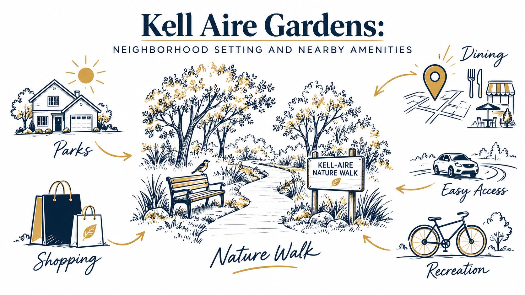 A promotional graphic for Kell Aire Gardens showing a scenic nature walk surrounded by neighborhood amenities icons.