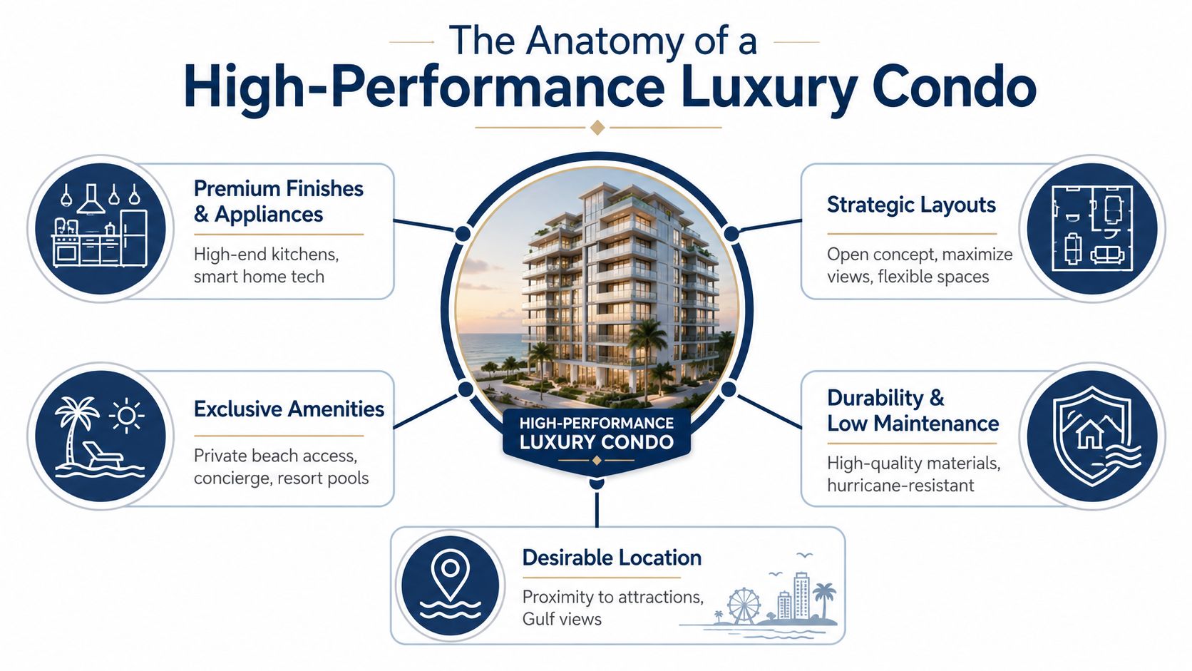 A diagram outlining key features of a high-performance luxury condo, including amenities, location, and building design.