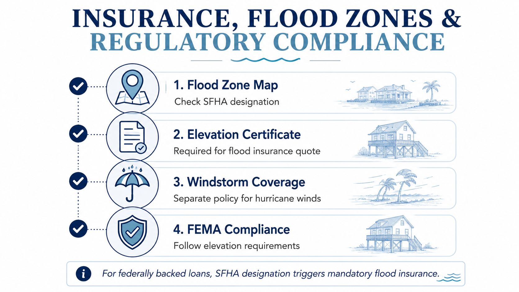 An infographic showing four steps for flood insurance, zones, and regulatory compliance for coastal home owners.