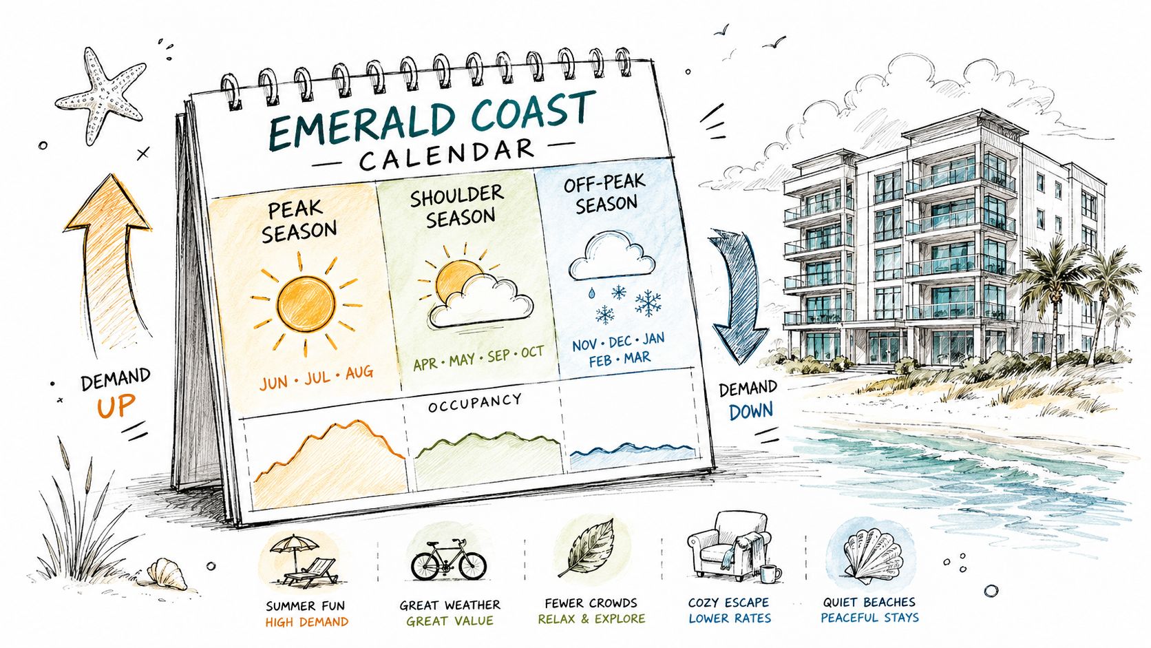 A hand-drawn calendar illustration displaying seasonal rental occupancy rates on the Emerald Coast throughout the year.