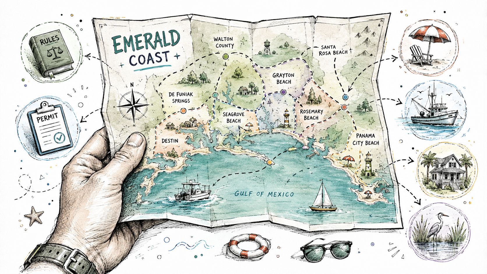 A hand holding a hand-drawn map of Florida's Emerald Coast surrounded by beach travel icons.