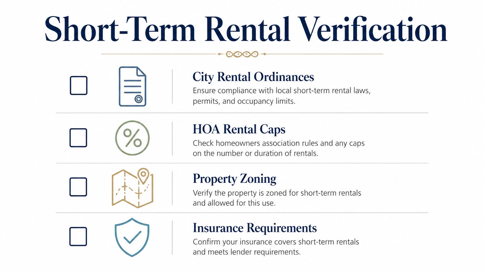 A checklist infographic titled Short-Term Rental Verification covering ordinances, HOA rules, zoning, and insurance requirements.