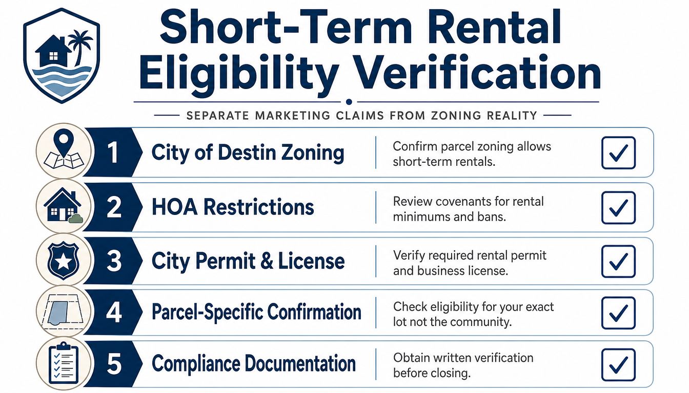 A checklist infographic outlining five essential steps for verifying short-term rental property eligibility in Destin, Florida.