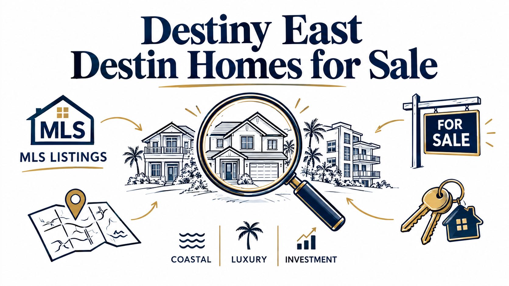 A graphic featuring a magnifying glass over a coastal home for sale in Destiny East, Destin, Florida.
