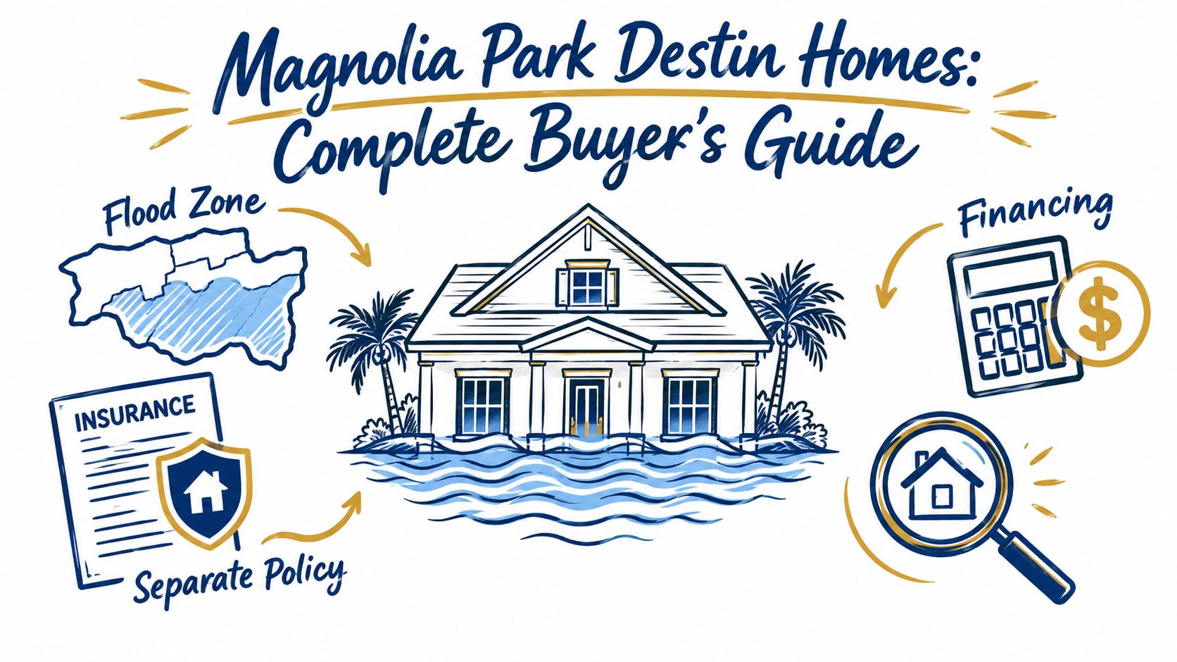An infographic titled Magnolia Park Destin Homes Complete Buyer's Guide illustrating flood zones, insurance, financing, and house search.