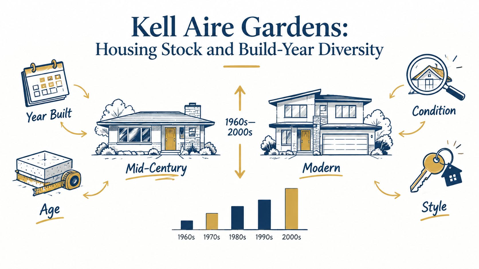 An infographic showing housing styles, build years, and diversity in the Kell Aire Gardens neighborhood.