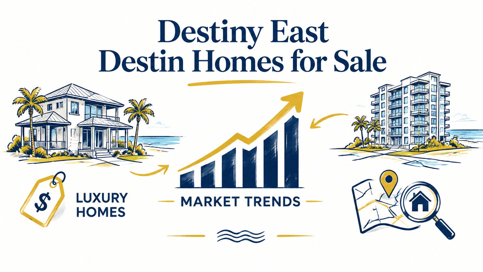 A marketing graphic titled Destiny East Destin Homes for Sale featuring luxury houses, market trend charts, and search icons.