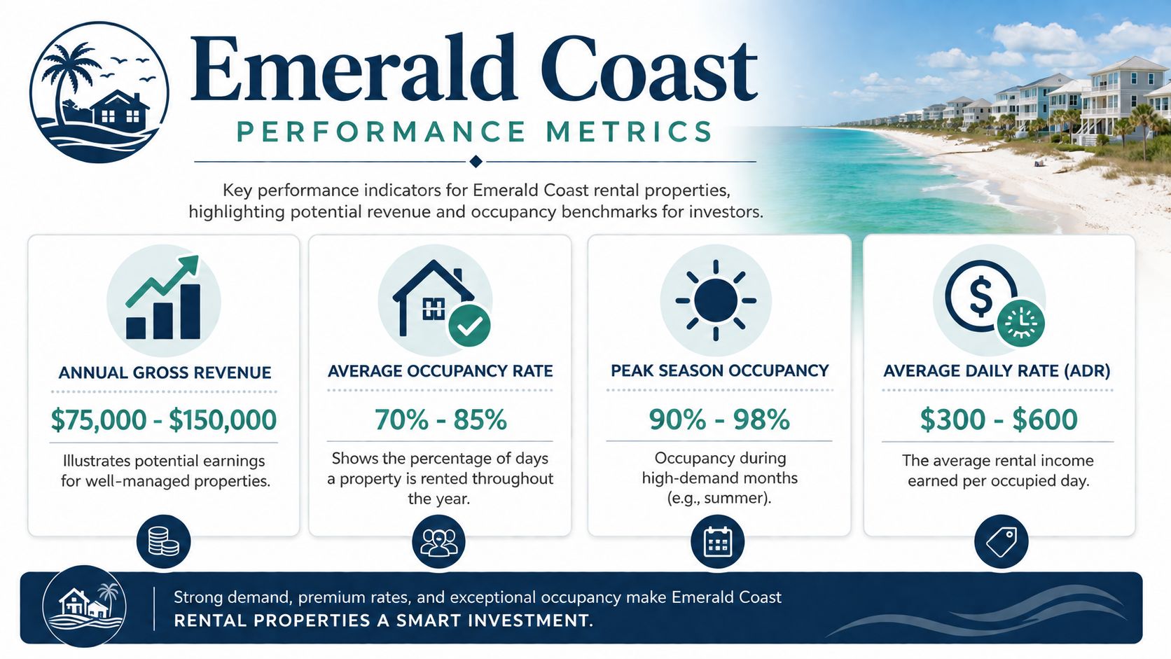 An infographic showing performance metrics for Emerald Coast rental properties, including revenue, occupancy, and daily rental rates.