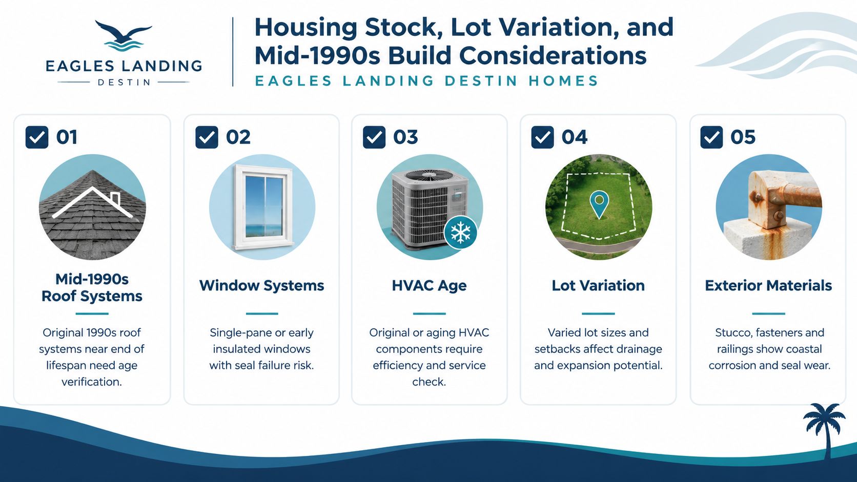 An infographic detailing five key maintenance considerations for Eagles Landing Destin homes built in the mid-1990s.