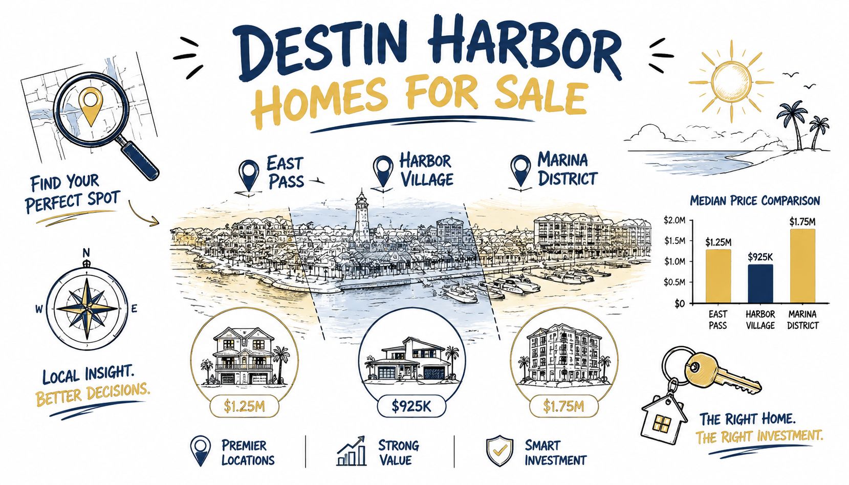 An infographic showing Destin Harbor homes for sale with price comparisons for three different neighborhood locations.