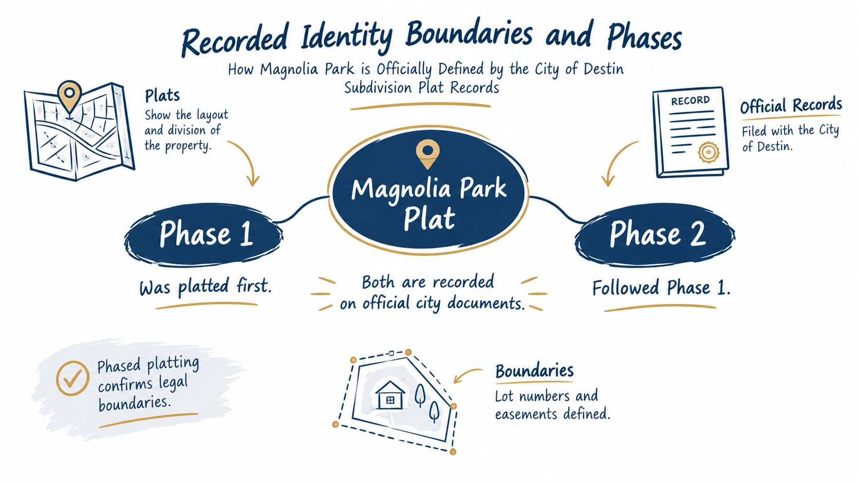 An infographic showing the recorded identity, phases, and official plat boundaries of the Magnolia Park subdivision.