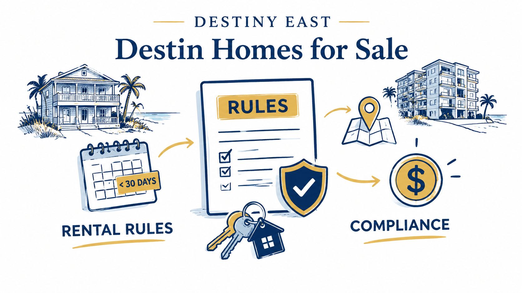 A graphic depicting rental rules, compliance, and property guidelines for Destiny East homes for sale in Destin.