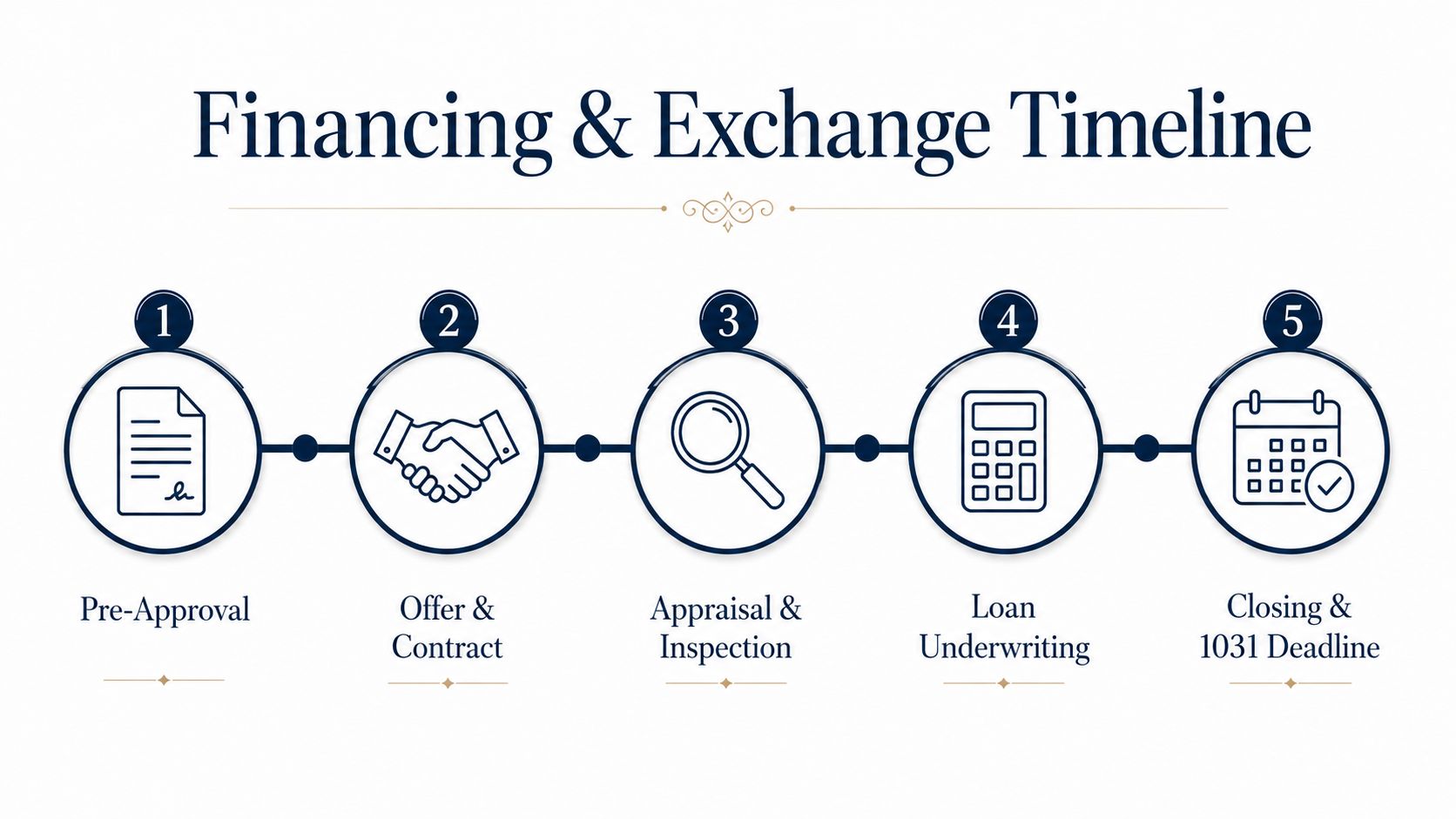 A five-step flowchart outlining the financing and exchange timeline for real estate property transactions.