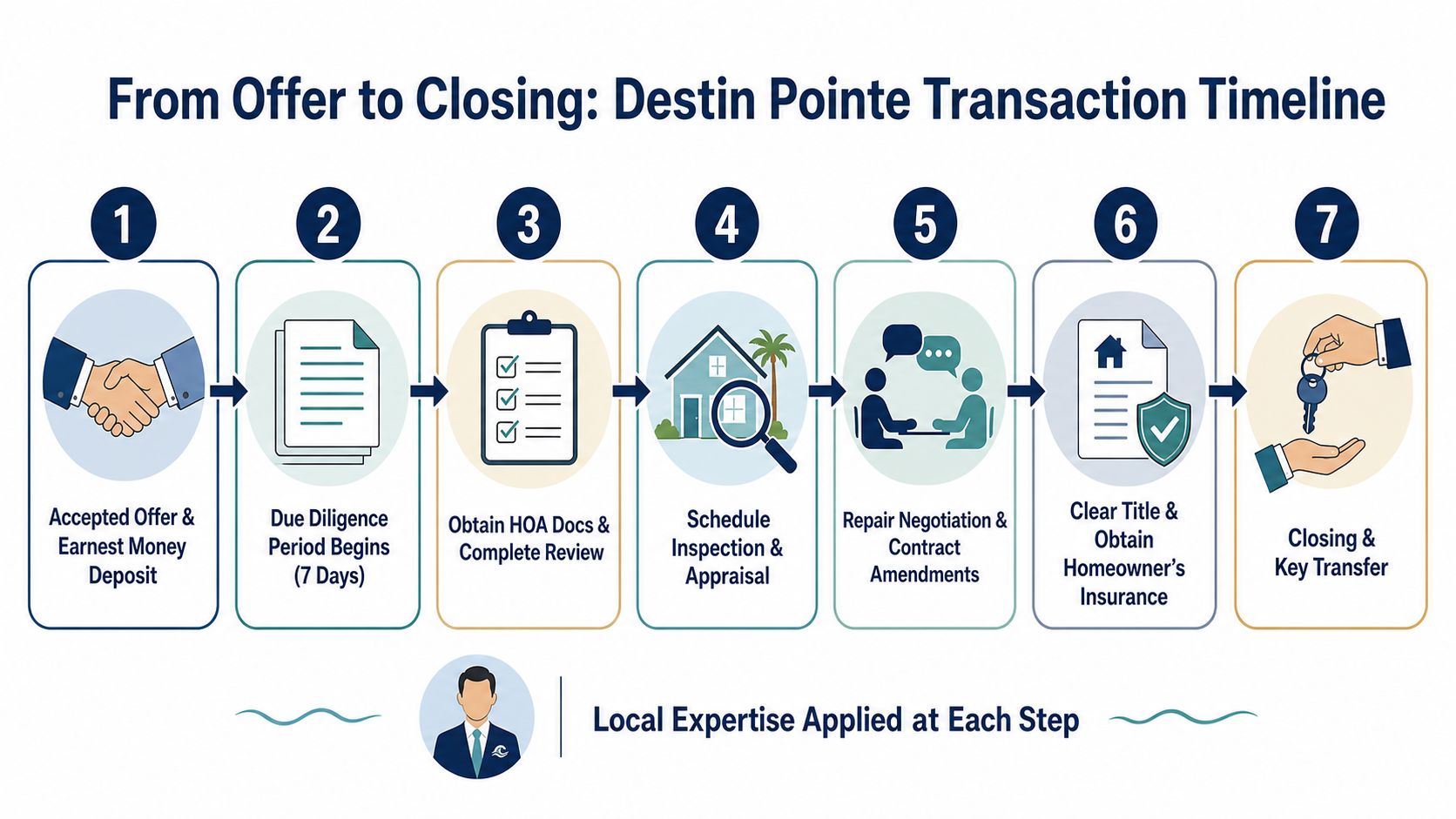 A seven-step transaction timeline infographic for Destin Pointe homes outlining the path from offer to closing.