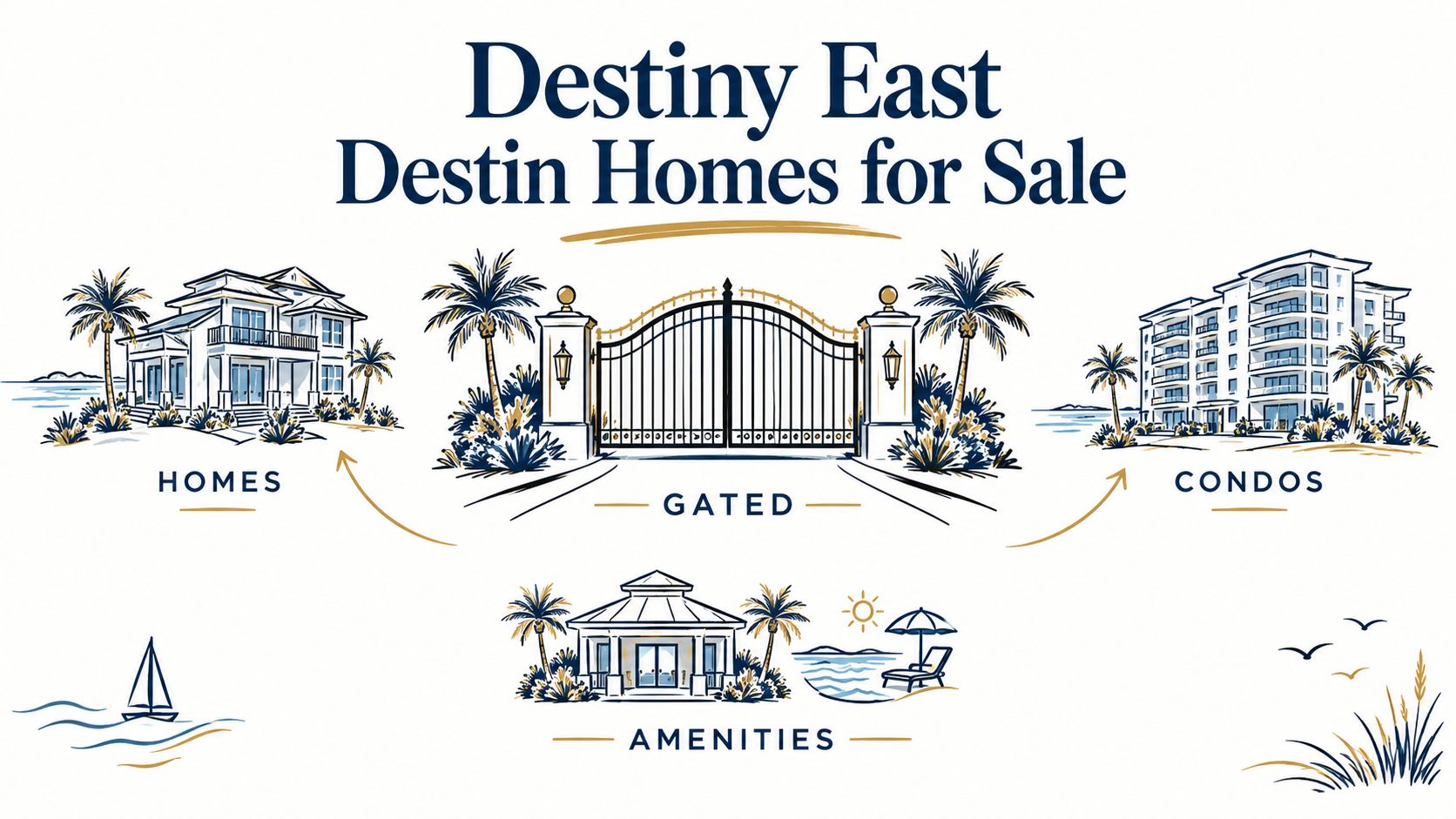 Graphic showcasing Destiny East Destin real estate with illustrations of luxury homes, condos, a gated entrance, and amenities.