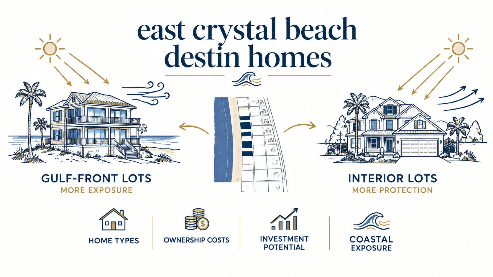 A diagram comparing Gulf-front and interior properties in East Crystal Beach, Destin, highlighting exposure and location differences.