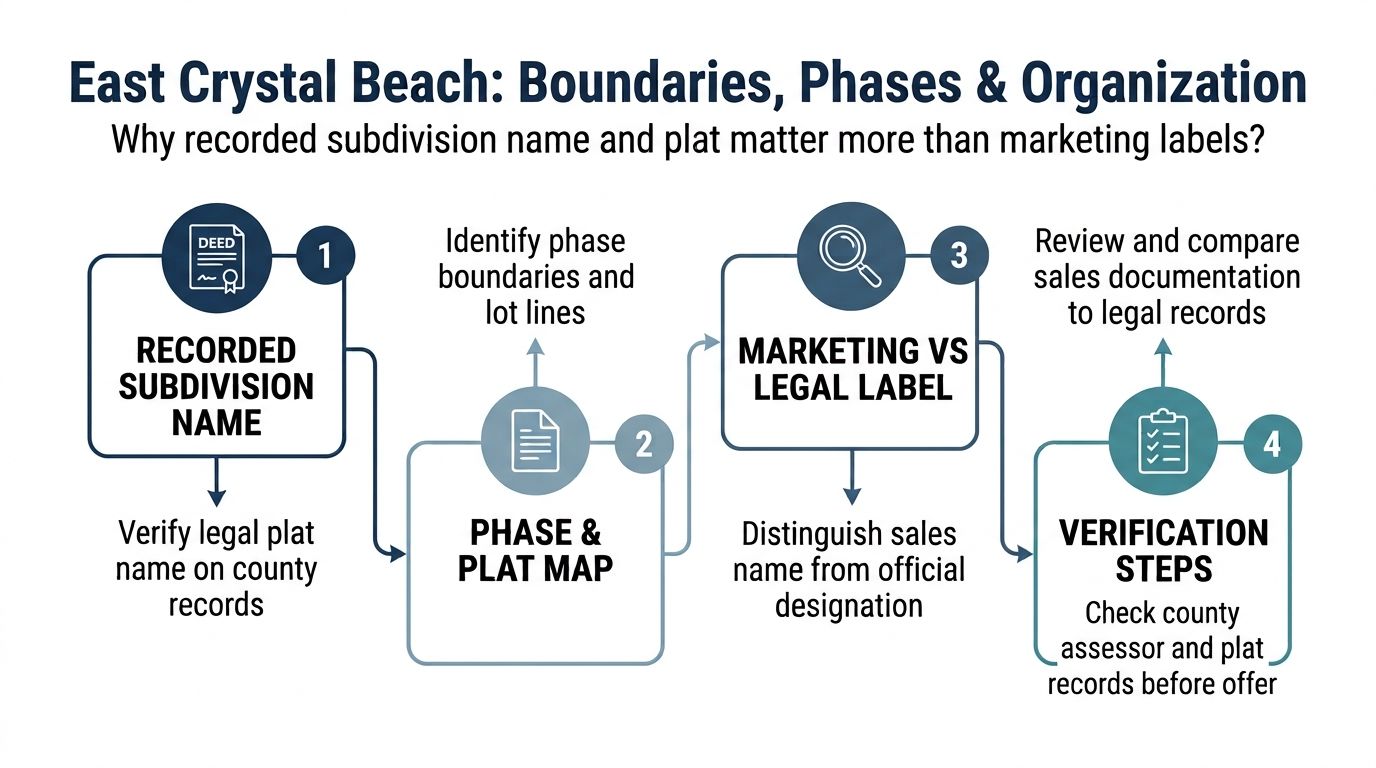 An infographic titled East Crystal Beach explaining the importance of using recorded subdivision names and plat maps.