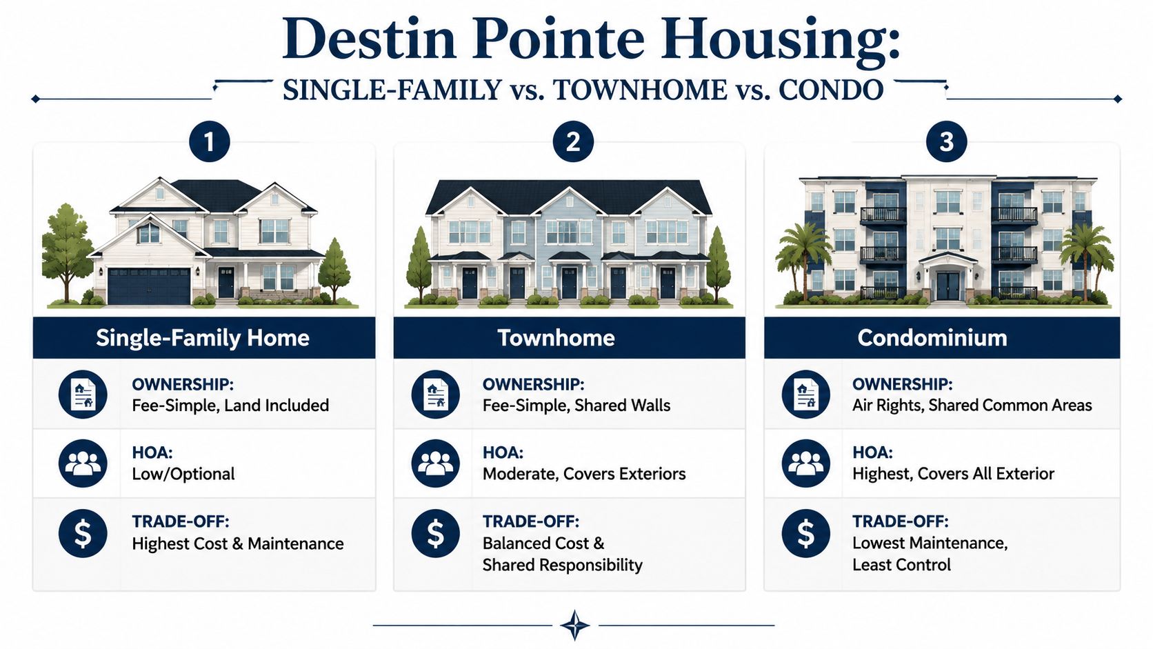 A comparison chart showing differences between single-family homes, townhomes, and condominiums in Destin Pointe housing.