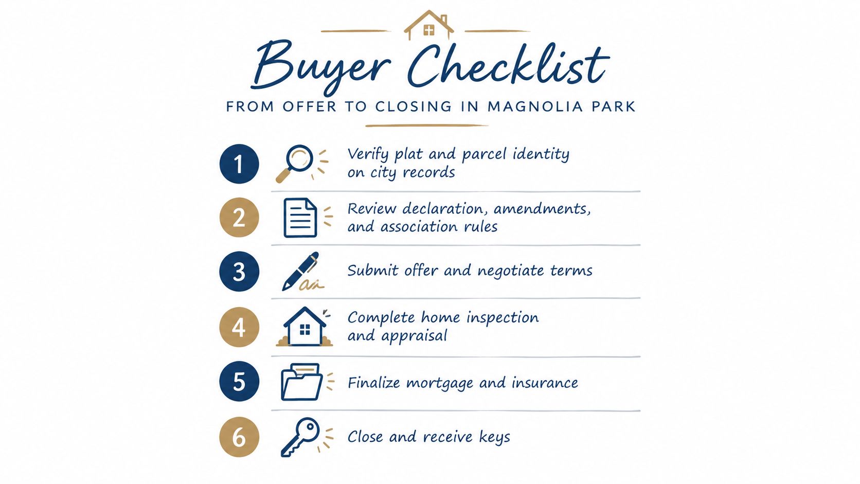 A six-step buyer checklist for purchasing real estate in Magnolia Park, from offer to closing.