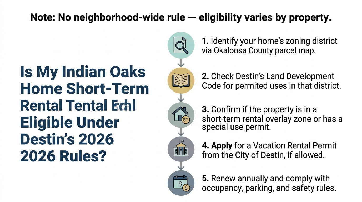 A step-by-step guide explaining the eligibility process for short-term vacation rentals in Indian Oaks, Destin.