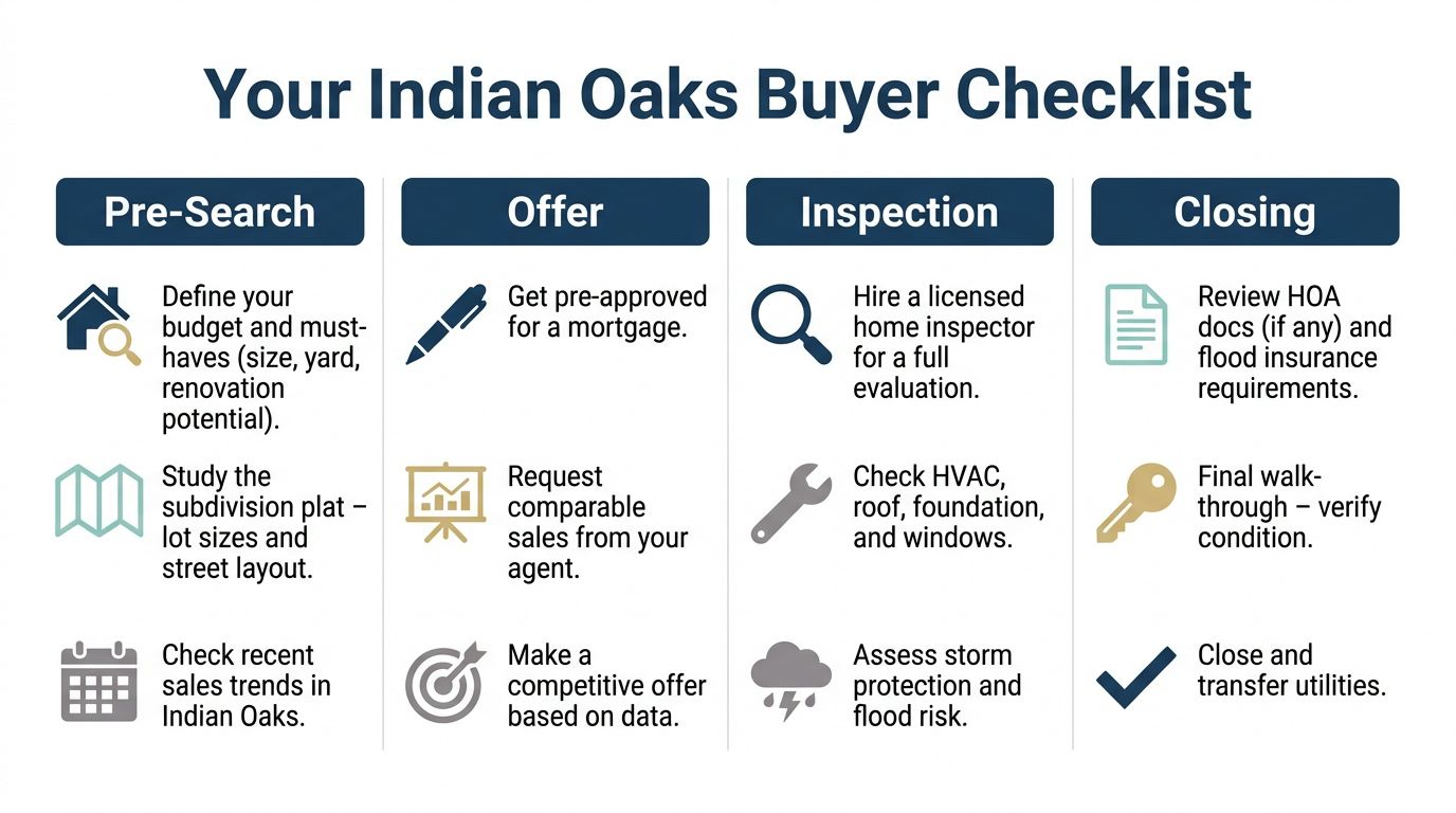 A four-column Indian Oaks buyer checklist outlining the steps from pre-search to closing a home purchase.
