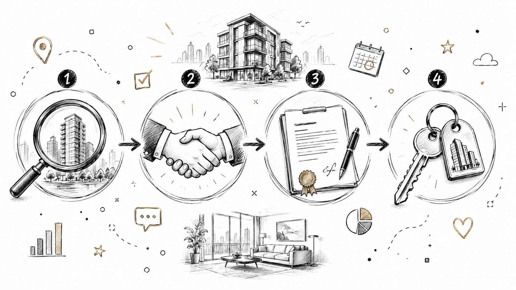 A sketched infographic illustrating the four-step real estate process for buying a luxury condo property.