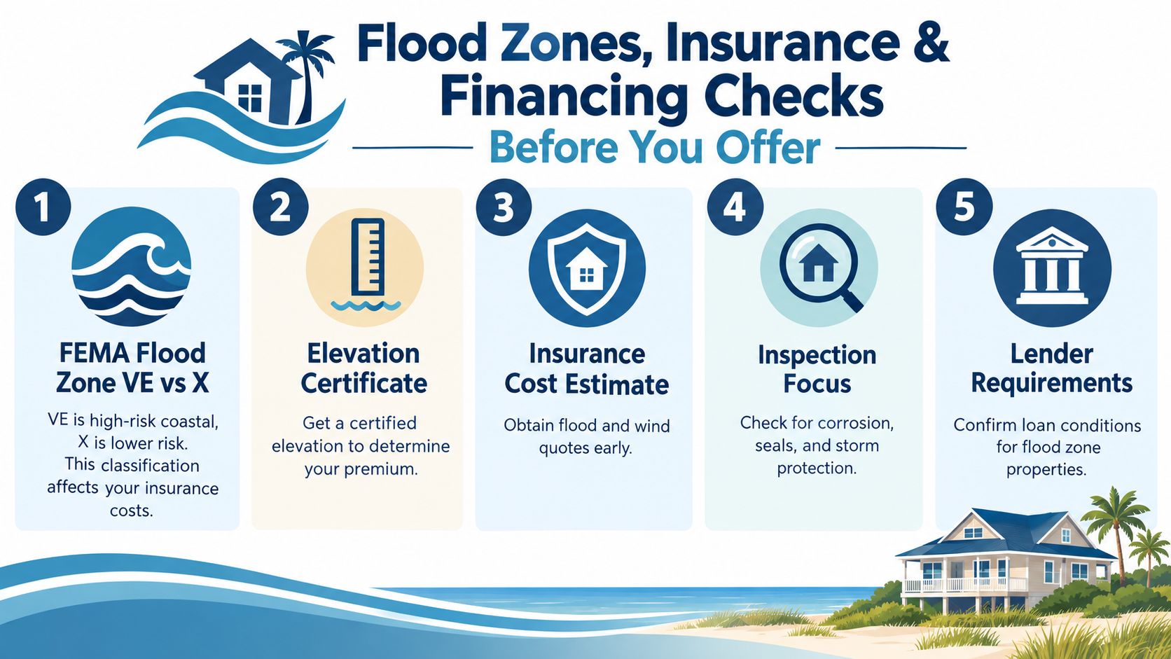 A helpful infographic showing five essential steps to check flood zones, insurance, and financing before buying a home.