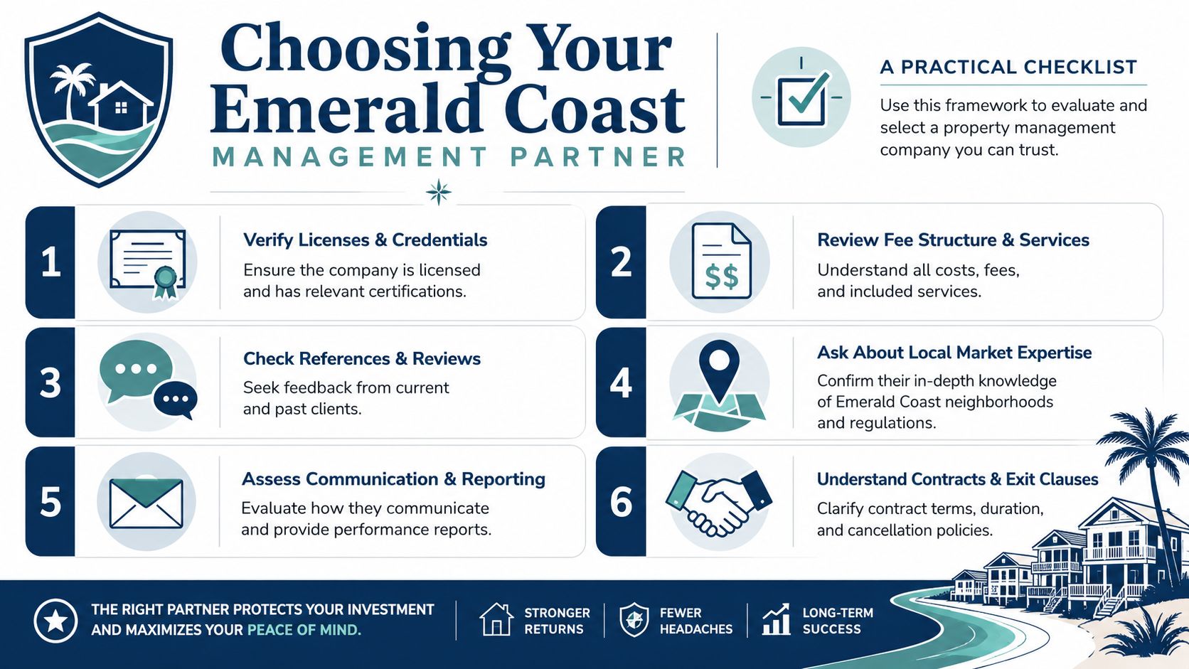An infographic checklist for selecting a professional property management company on the Emerald Coast.