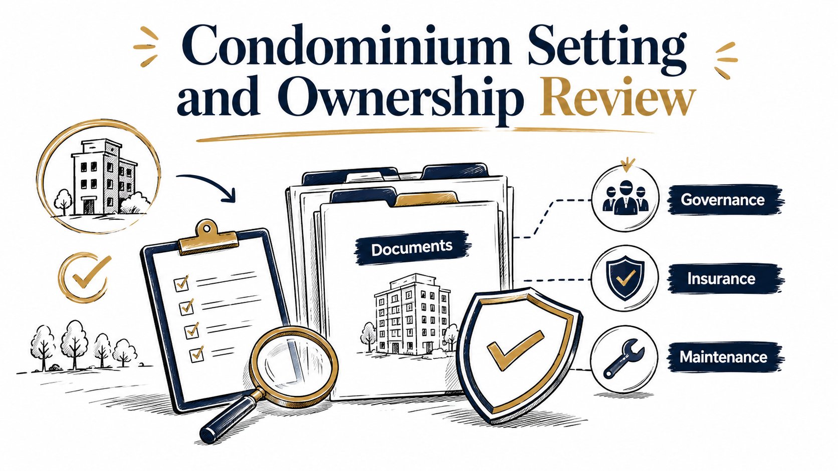 Whiteboard illustration of condominium documents with governance, insurance, and maintenance symbols.