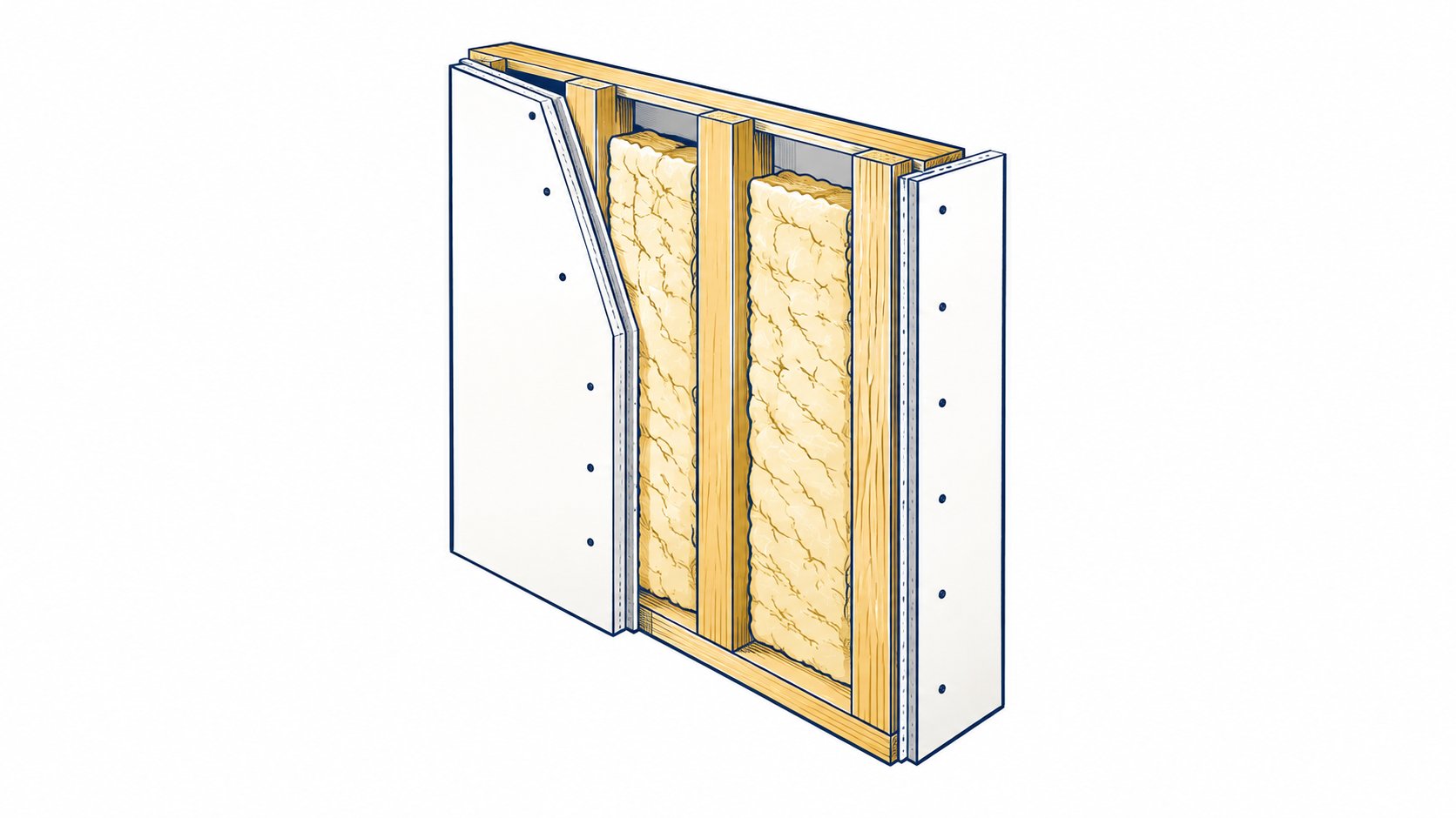 Illustrated wall section with framing, insulation and interior panels.