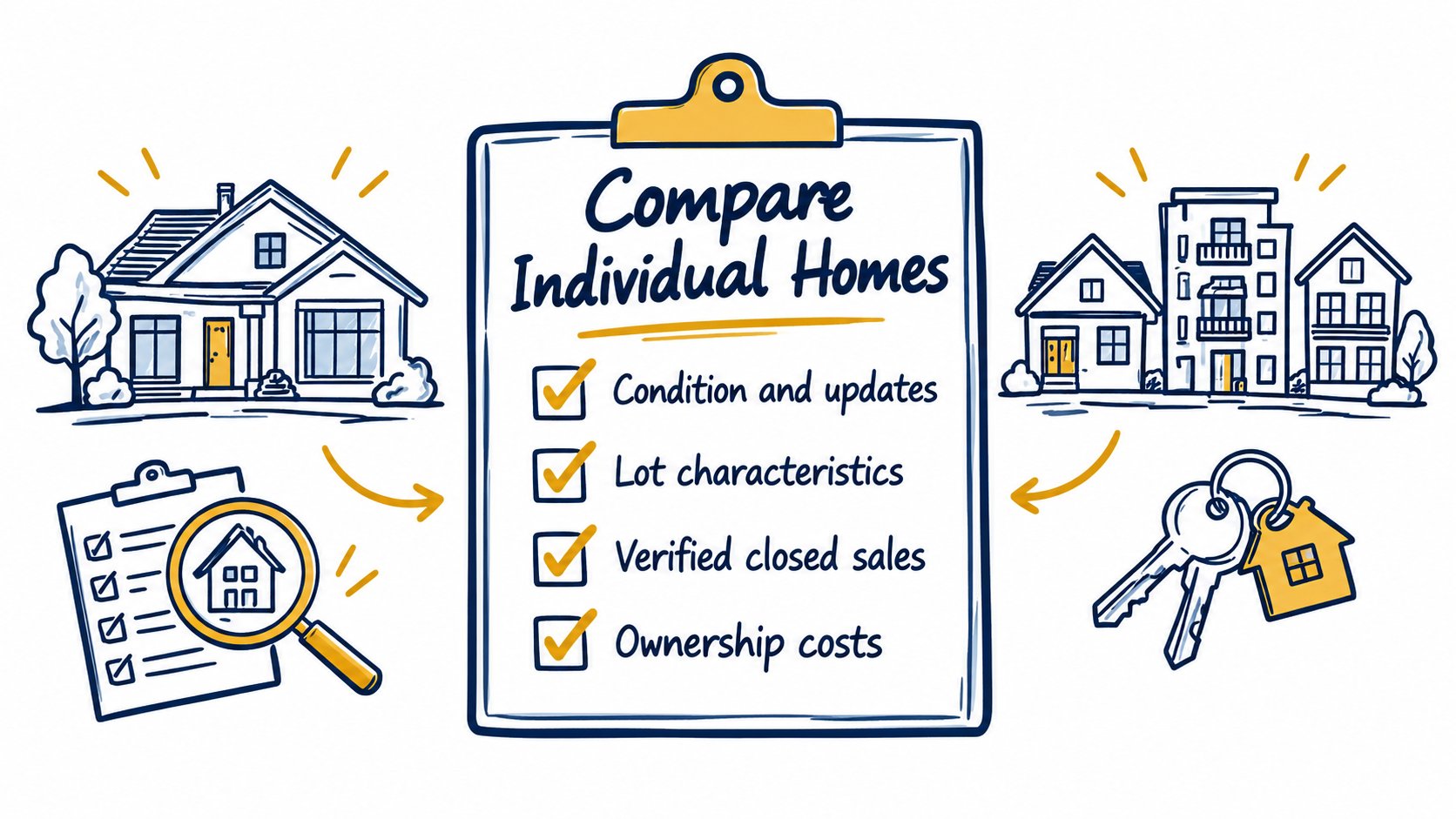 Whiteboard checklist for comparing home condition, lot characteristics, closed sales and ownership costs.