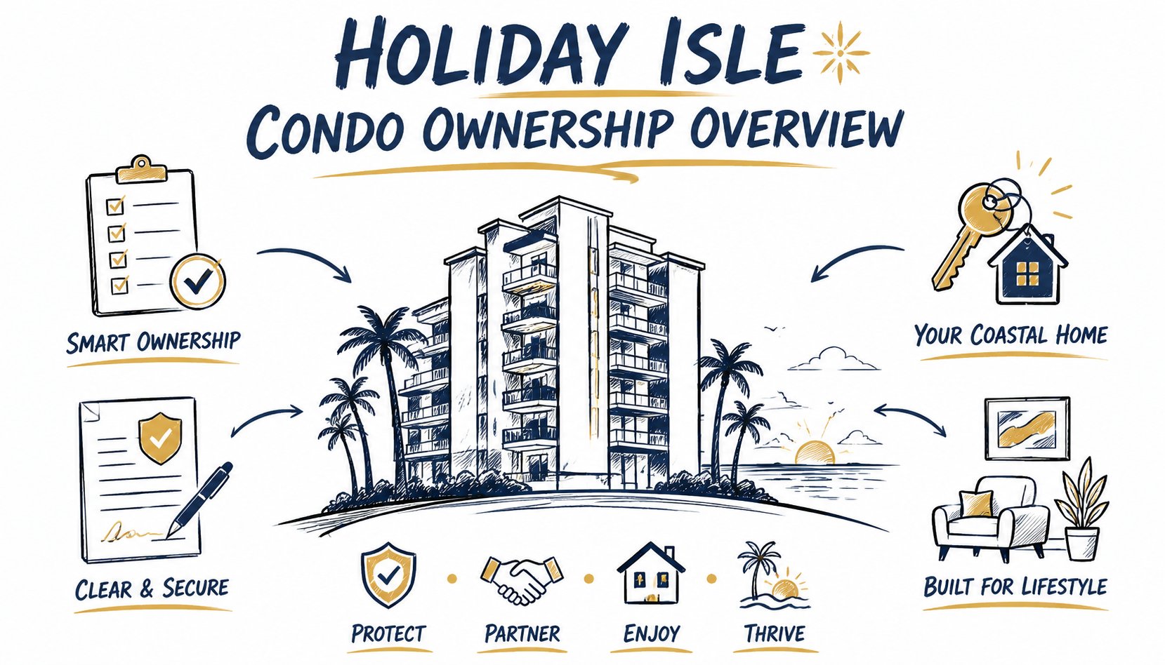 Whiteboard illustration of a generic coastal condominium with ownership and document-review symbols.