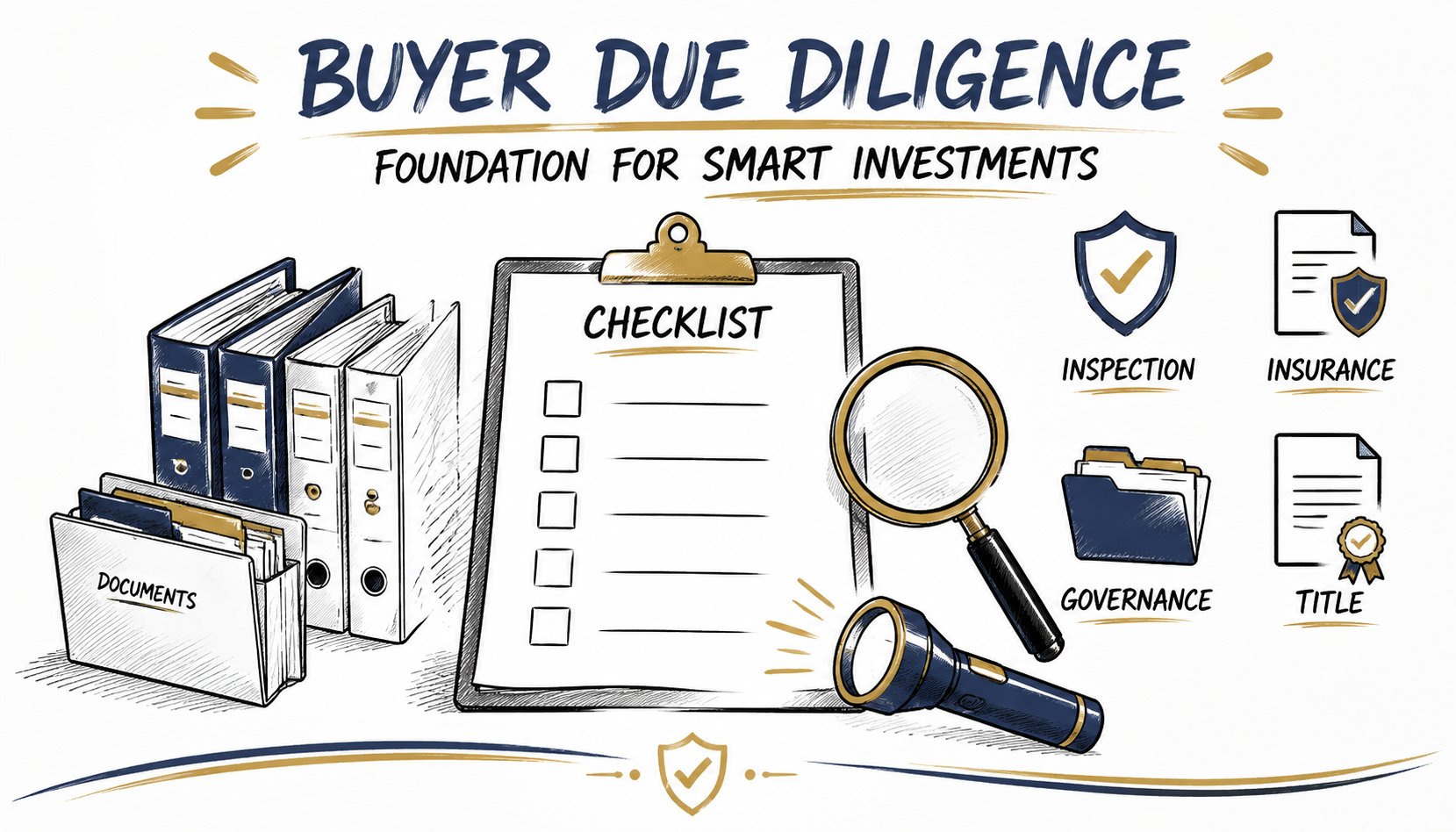 Whiteboard illustration of buyer due diligence with documents, a blank checklist, magnifying glass, flashlight, inspection, insurance, governance, and title symbols.