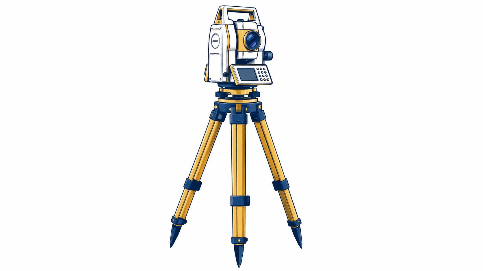 Illustrated surveying instrument mounted on a tripod.