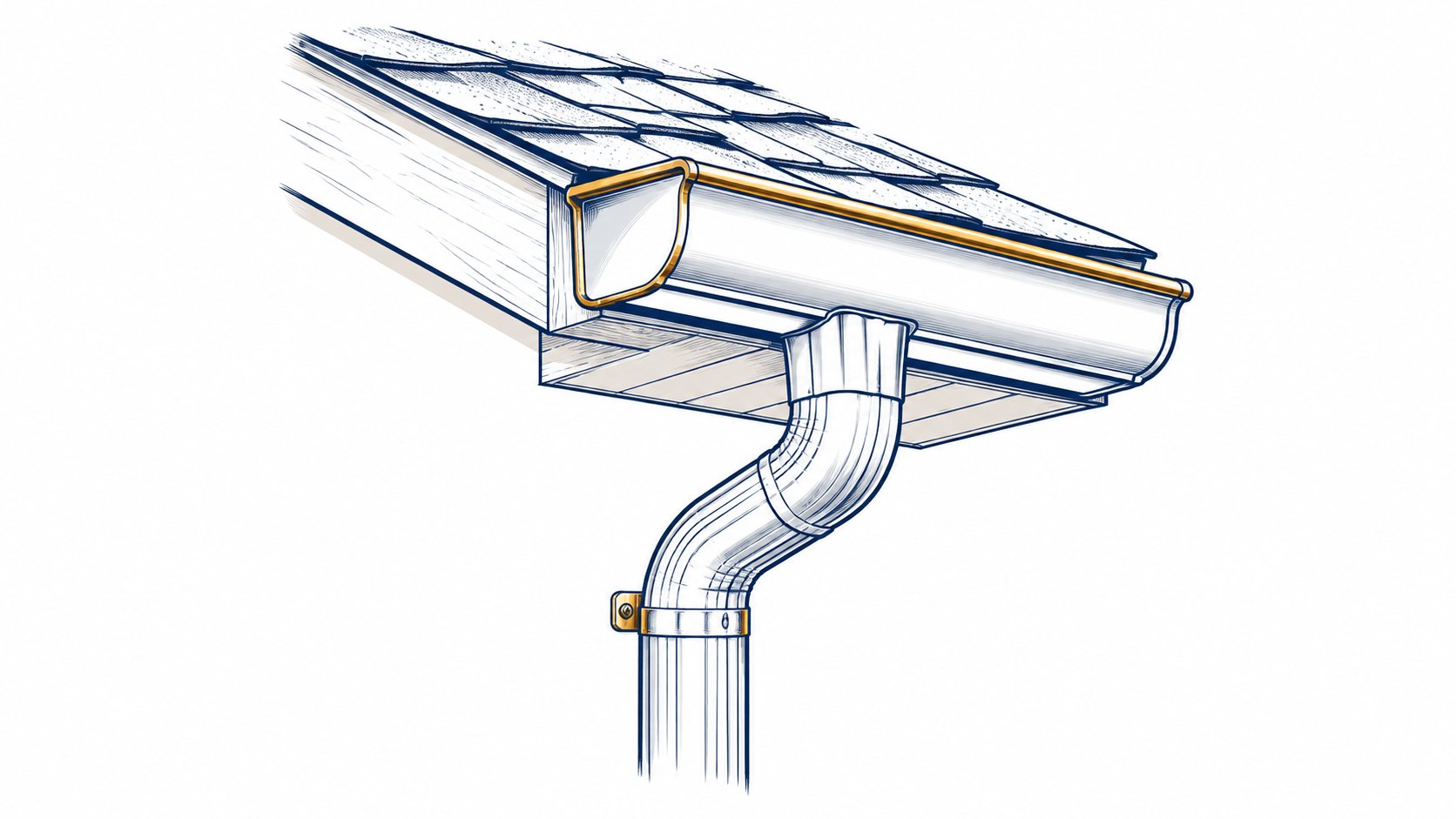 Illustrated roof eave with gutter and downspout connection.