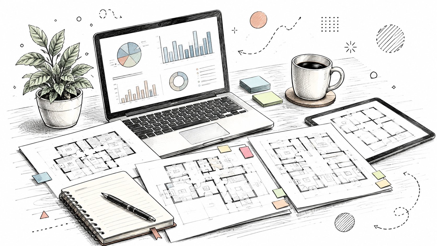 Condo comparison workspace with floor plans and devices