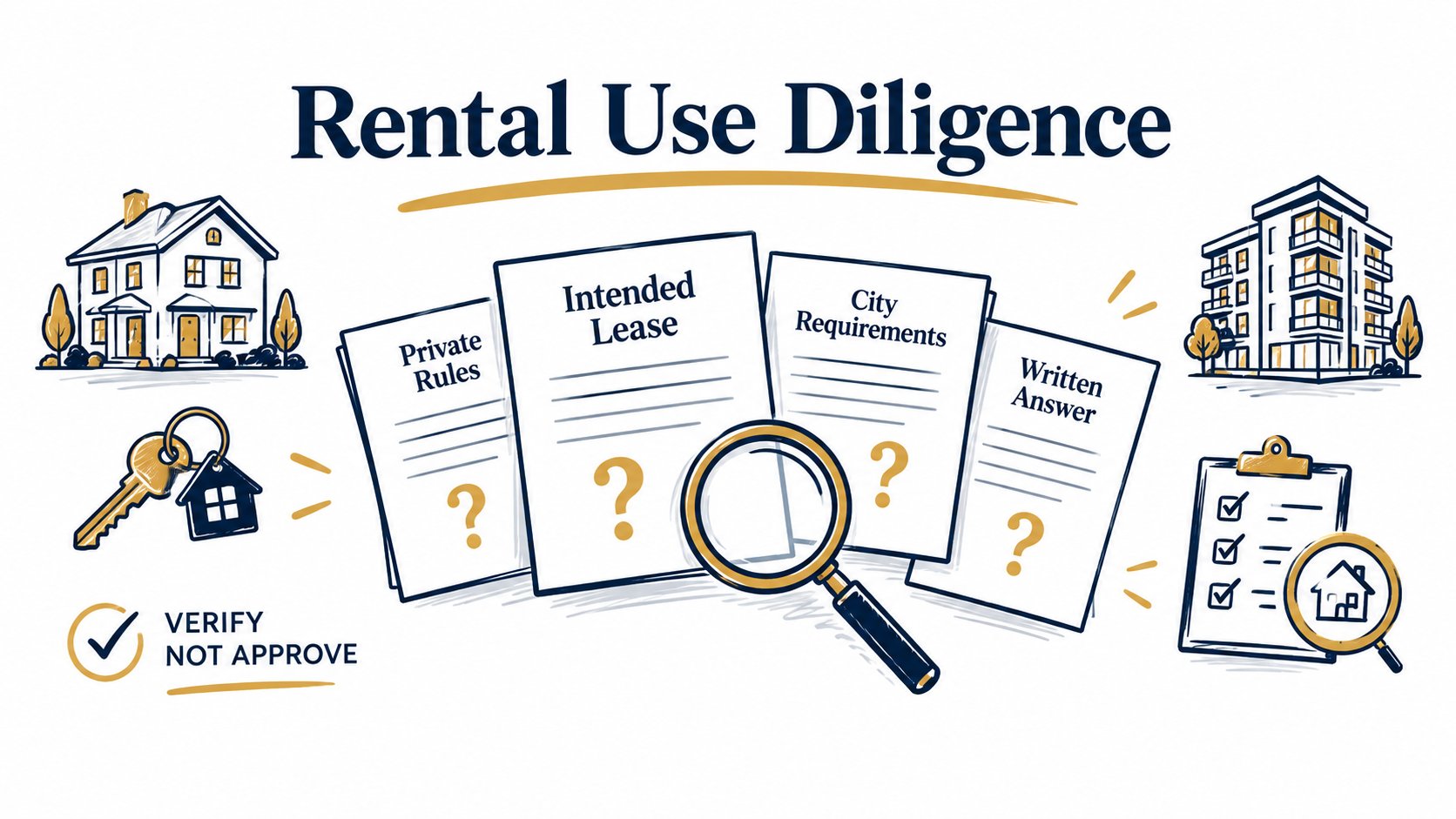 Rental-review cards for intended lease, private rules, city requirements and written answers.