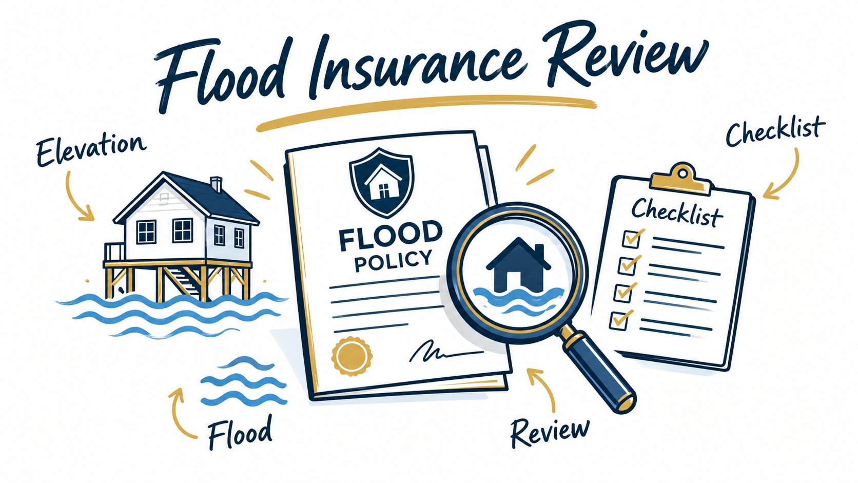Whiteboard illustration of flood insurance review with elevation, policy, checklist, and magnifying-glass symbols.