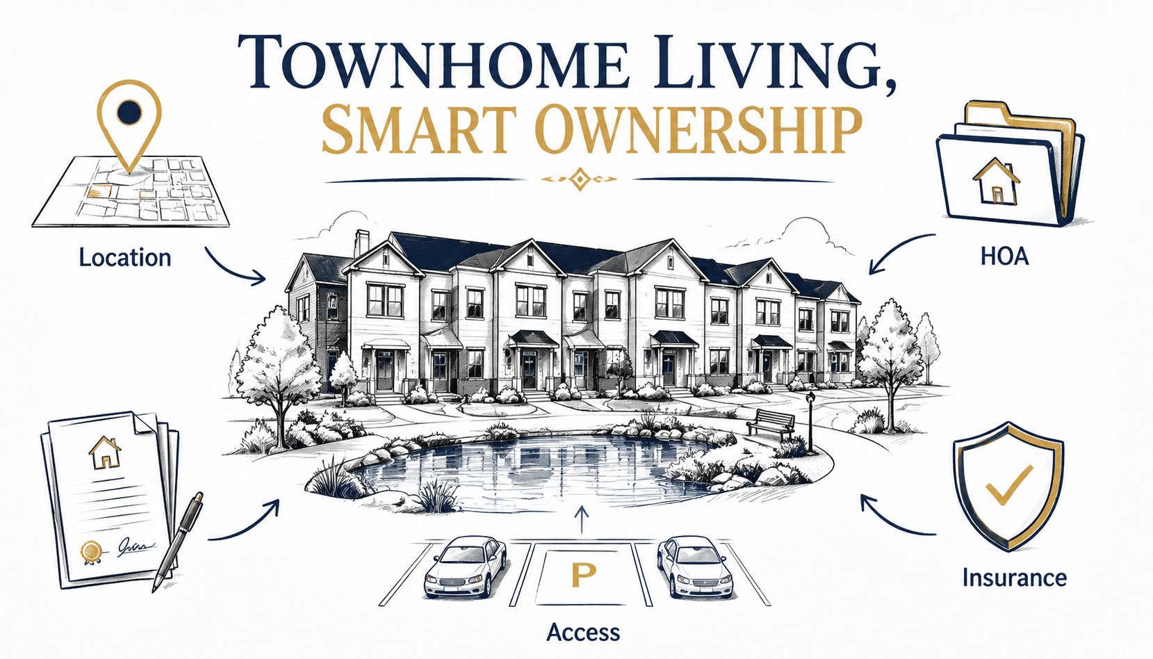 Whiteboard illustration of generic townhomes with location, association, insurance, and access symbols.