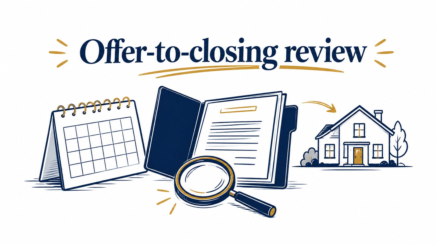 Whiteboard calendar, document folder, magnifying glass and generic home symbol for offer-to-closing review.