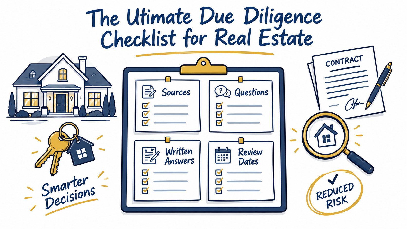 Due-diligence checklist with sources, questions, written answers and review dates.